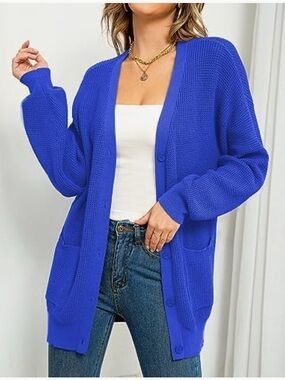 QUALFORT Women's 100% Cotton Cardigan Sweater Button Down Oversized with Pockets